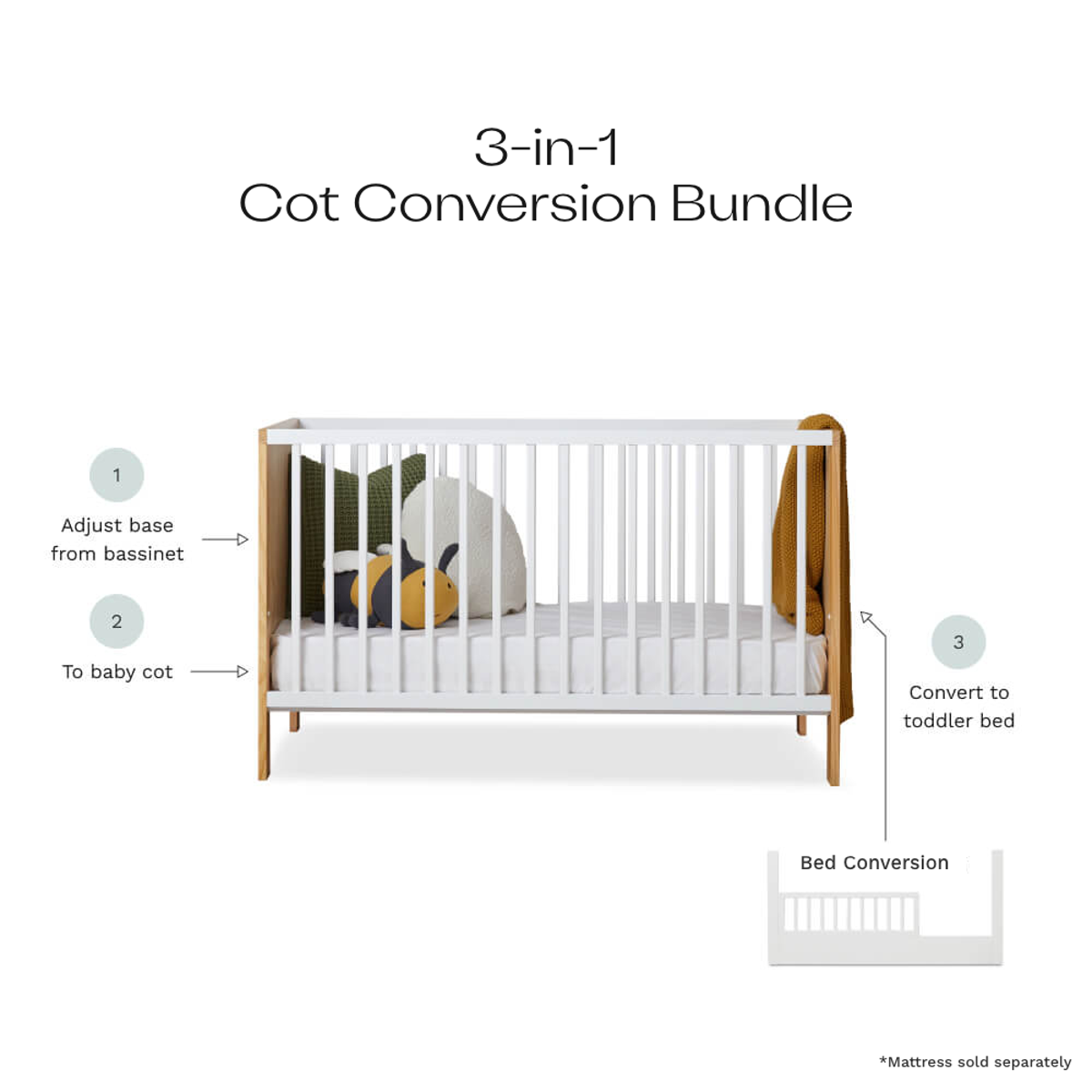 Aspiring White/Natural 3-in-1 Cot White Conversion Bundle - Mocka New Zealand