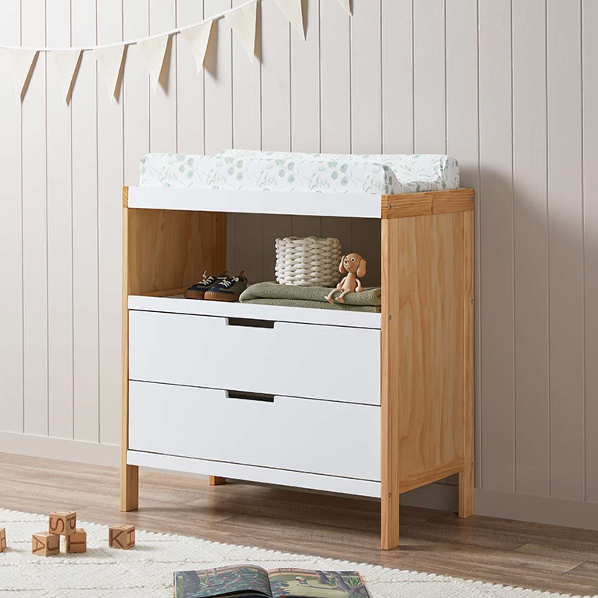 Aspiring Change Table with Drawers - White/Natural