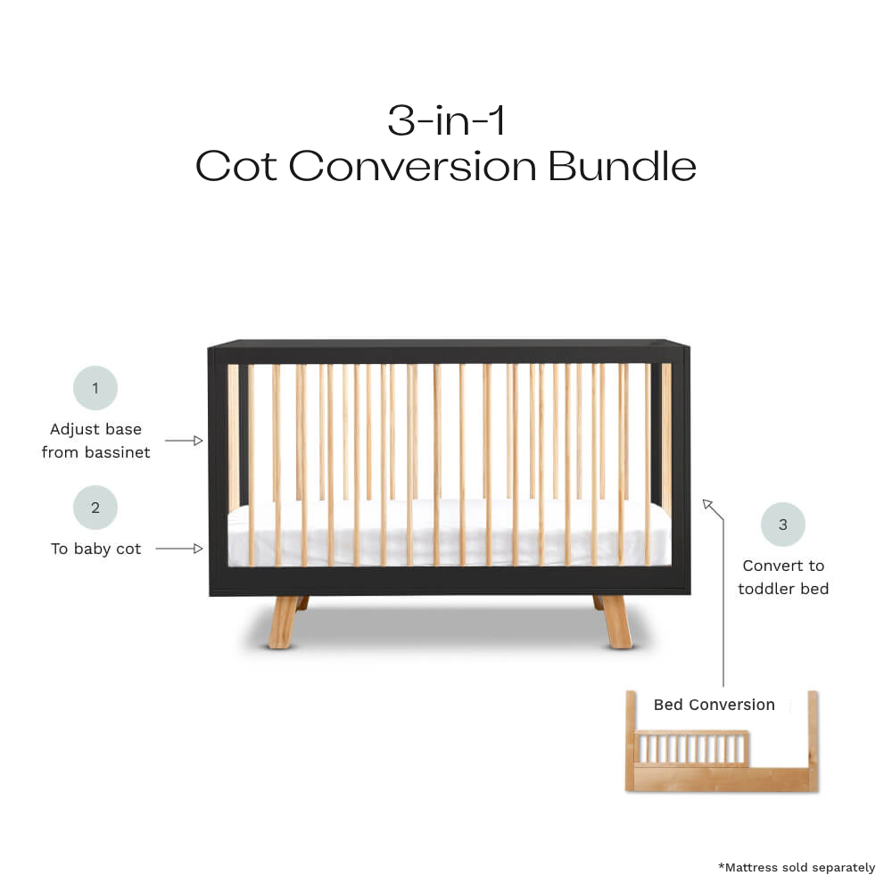 Aspen Black/Natural 3-in-1 Cot Conversion Bundle - Mocka New Zealand