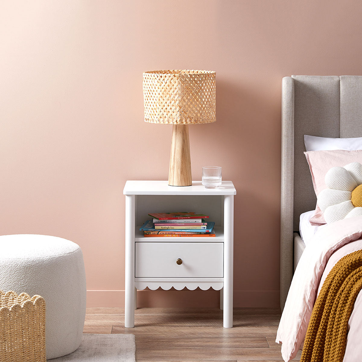 Maisie Scalloped Bedside Table - White - Mocka New Zealand