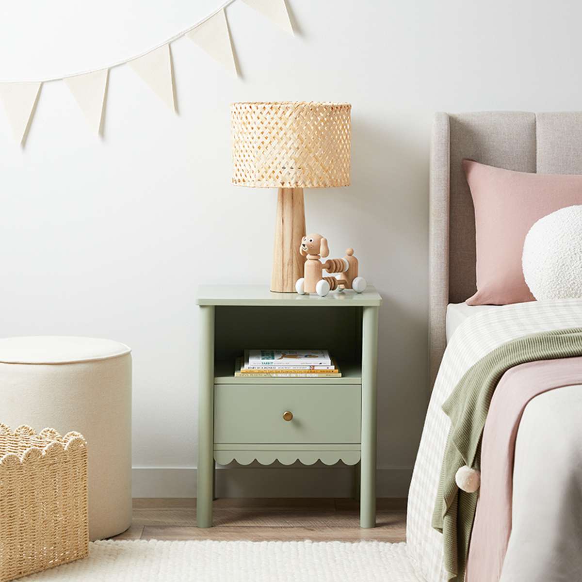 Maisie Scalloped Bedside Table - Sage Green | Mocka NZ