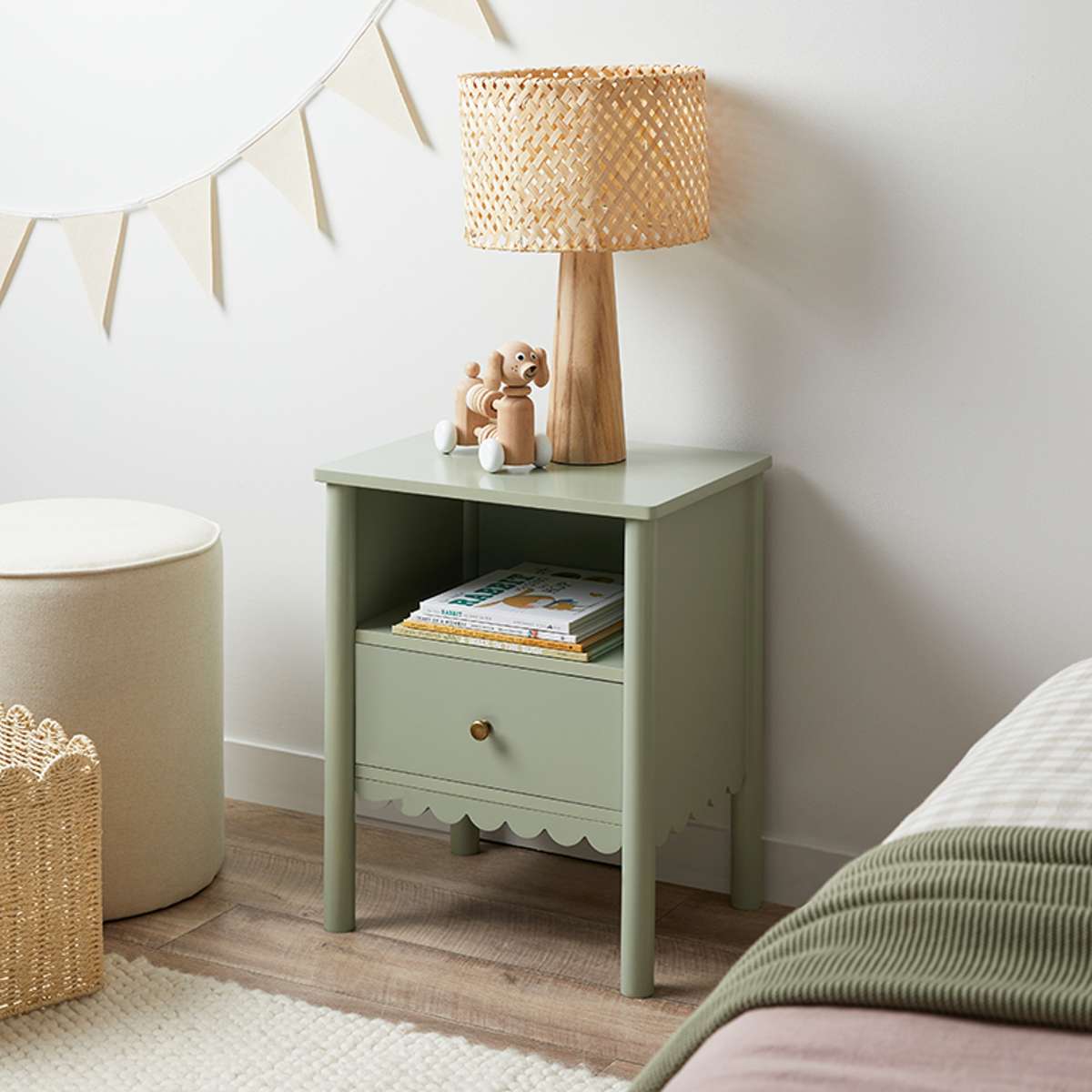 Maisie Scalloped Bedside Table - Sage Green | Mocka NZ