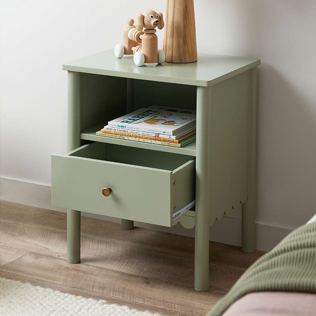 Maisie Scalloped Bedside Table - Sage Green | Mocka NZ