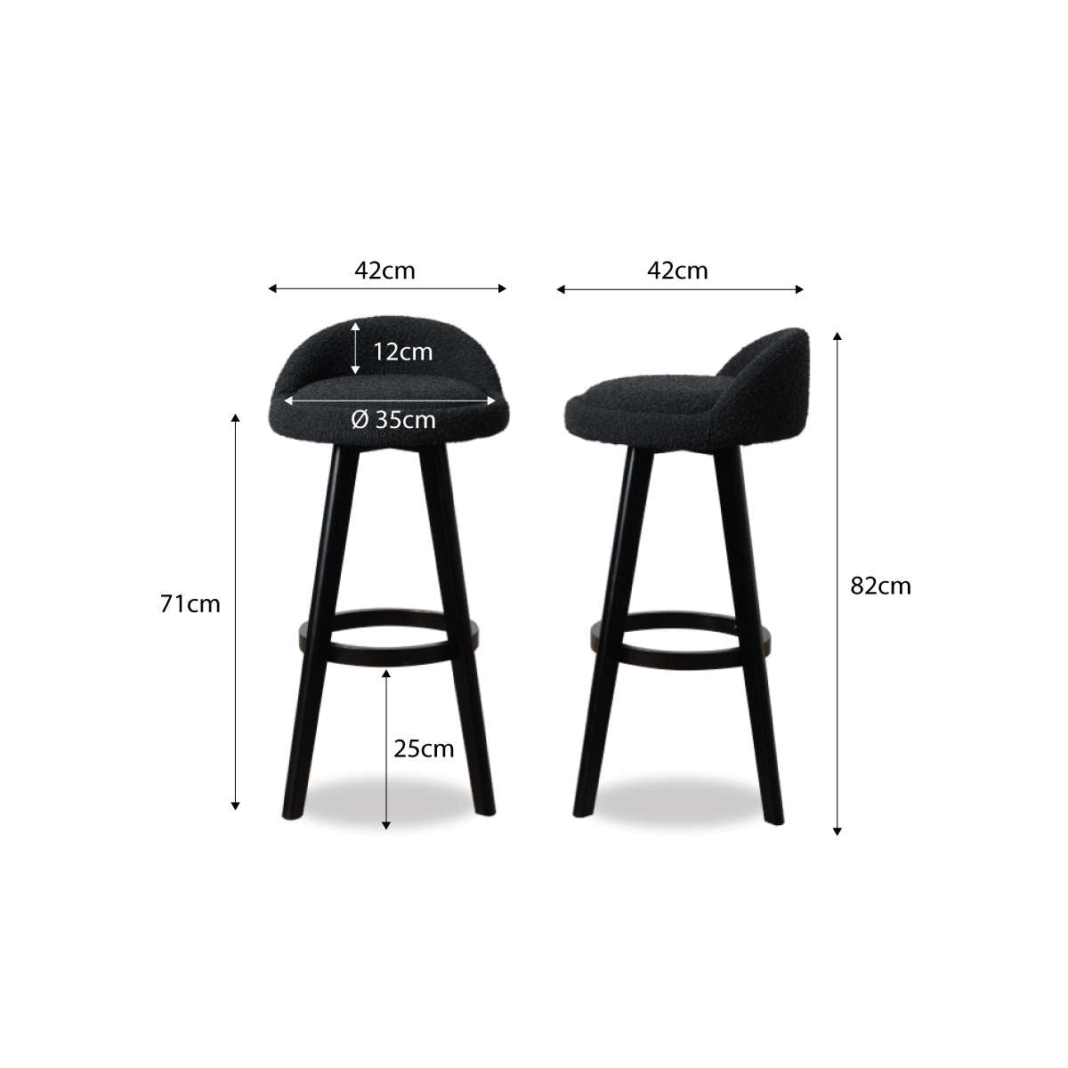 Jamie Bar Stool Set of 2 Black Boucle Mocka